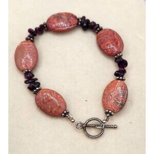 Rust, Brown, Pink Colored Beaded Bracelet With Toggle Clasp